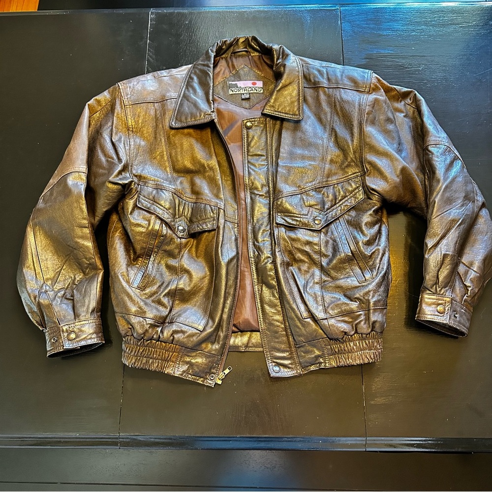 Vintage 100% Leather Large Northland Brown Dark Bomber Style Warm Jacket Coat